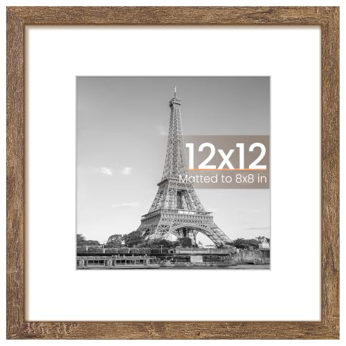 Image of upsimples 12x12 Picture Frame, Display Pictures 8x8 with Mat or 12x12 Without Mat, Wall Hanging Photo Frame, Rustic brown, 1 Pack