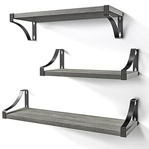 Amada HOMEFURNISHING Wall Shelves Set of 3, Floating Shelves Hold up to 55lbs, Rustic Wood Wall Shelves for Bedroom, Bathroom, Living Room, Kitchen, Storage & Decoration, Gray