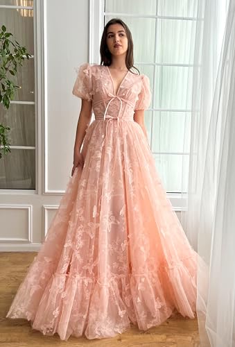 Tulle Prom Dresses Long 3D Butterfly Embroidery Evening Dress with Sleeves V Neck A Line Formal Wedding Party Gowns2