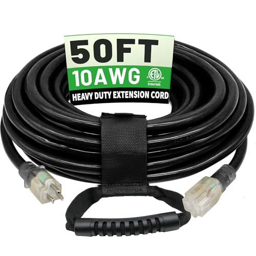 POWGRN 50 Ft 10AWG Black Outdoor Extension Cord Waterproof Heavy Duty 10 Gauge 3 Prong Flexible Cold-Resistant Long Power Cord Outside with Lighted Indicator End 15Amp 1875W SJTW ETL Listed