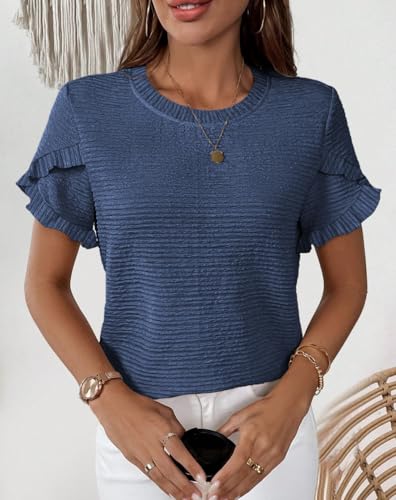 Womens Tops Casual Crew Neck Shirts Ruffle Short Sleeve Relaxed Textured Soft Cute Blouses for Women Summer Blouses4