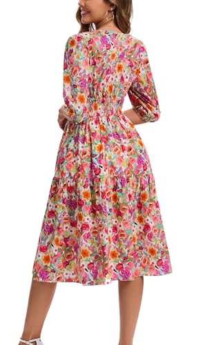 Image of Kormei Women Casual Boho Floral Round Neck 3 /4 Sleeve Smocked Waist Tiered A Line Flowy Swing Midi Dress Long Dresses