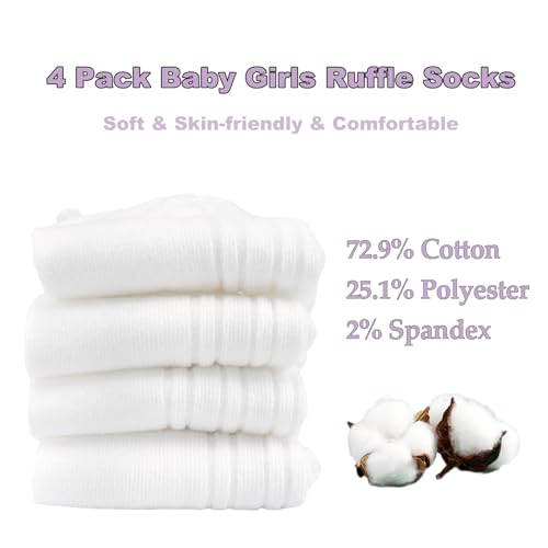 Looching 4 Pairs Baby Girls Ruffle Socks Toddler Frilly Dress Ankle White Soft Cotton Solid Crew Sock for 3-12T Kids4