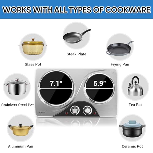 Image of Hot Plate, CUSIMAX Electric Double Burner, Portable Ceramic Infrared Cooktop, Dual Control Cooking Stove, Heat-Up in Seconds, Compatible for All Cookwares, Silver