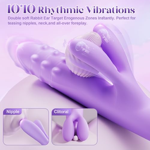 Image of Vibrator Sex Toys Thrusting Dildo - Rolling G Spot Stimulator with Tri-Row 360Rotating Beads + 10 Thrust + 10 Vibration for Dual Rabbit Ears, Ultra-Soft Liquid Silicone Adult Toy for Women Men Couple