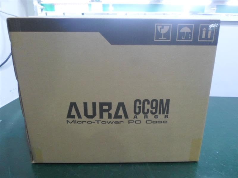 Front view of the GAMDIAS Aura GC9M Micro-Tower PC Case retail box