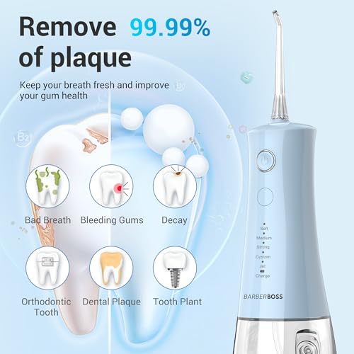 BarberBoss Irrigador Bucal, hilo dental eléctrico inalámbrico, 5 modos de presión, resistente al agua IPX8, irrigador bucal portátil para el cuidado de las encías (Azul Pastel) - imagen 3