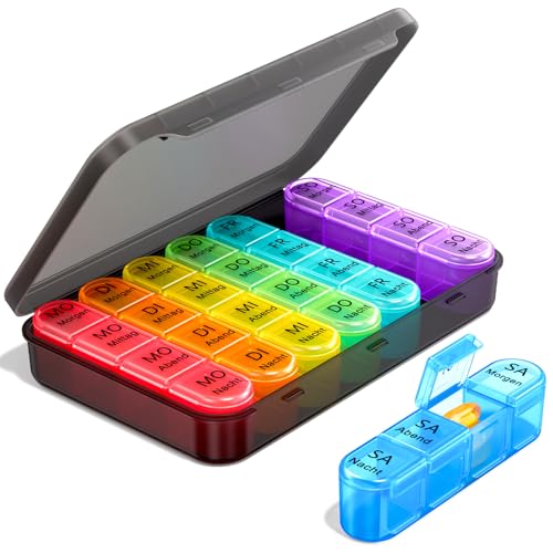 Doruimi Tablettenbox 7 Tage Morgens Mittags Abends, Klein Pillendose Große Fächer, Medikamentenbox 7 Tage 4 fächer mit Einfachem Offenem Design für Unterwegs - Schwarz