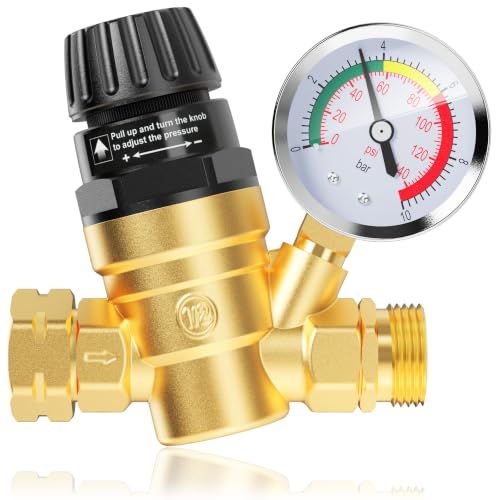 AOLINK RV Water Pressure Regulator Valve, Brass Lead-Free Adjustable Water Pressure Reducer with Gauge and Inlet Filter for RV Camper and Travel Trailer