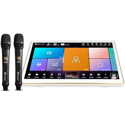 HUASEN New Chinese Karaoke machine18.5 inch All in one Player LED capacitive Touch Screen Professional Wireless Microphone with Effect Cloud Update Download Song Home Party Karaoke Playback(8T White) Cover