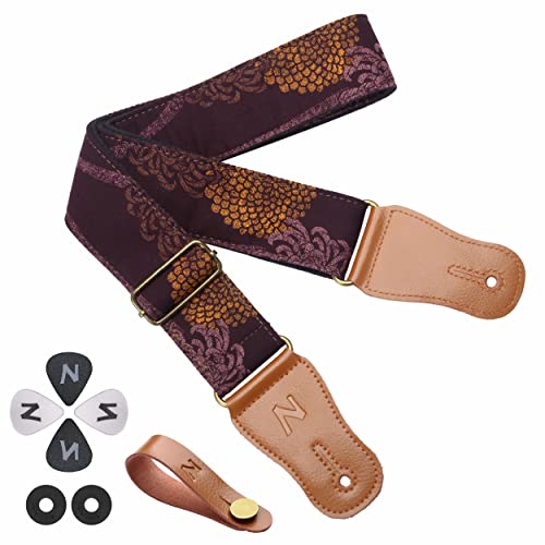 Nefelibata Guitar Strap,Japan Hot-Bronzing Cotton Acoustic Guitars Straps with Genuine Leather Ends for Electric Guitar,Bass & Ukulele. Include Straps Button,Guitar Picks and Strap Locks