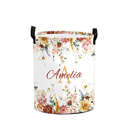 Image of Personalized Baby Laundry Basket Flower Floral Custom Nursery Hamper Collapsible Organizer Storage Bedroom Decor for Girls Adults Women (Floral 15)
