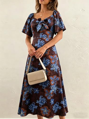 Image of Fashionme Womens Dresses 2026 Maxi Dresses Deep V Neck Elegant Bow Tie Front Cap Sleeve Summer Floral Satin Smocked Dress