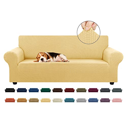 KEKUOU Stretch Sofa Cover Slipcover ,Couch Covers for 3 Cushion Couch Sofa pet Friendly (78"-94") Furniture Protector Sofa with Elastic Bottom for Kids,Dog, Jacquard Small Checked(Large,Champagne)