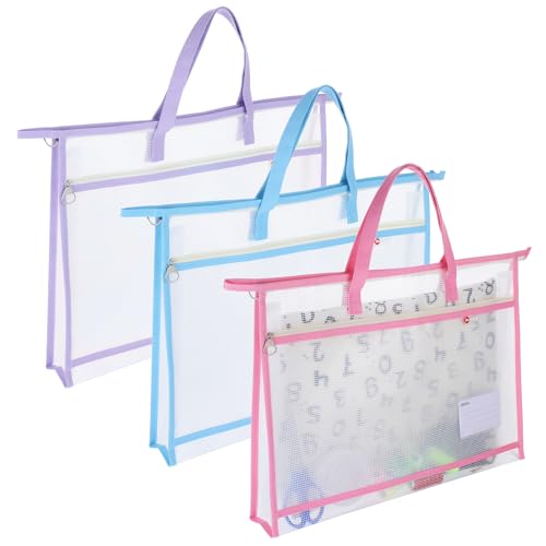 Image of 3 Pack Sewing Project Bag 17.72x12.99 Inches Craft Storage for Quilters Art Portfolio Bags with Handle and Zipper Mesh Folder Organizers for Artworks Charts Poster Scrapbook