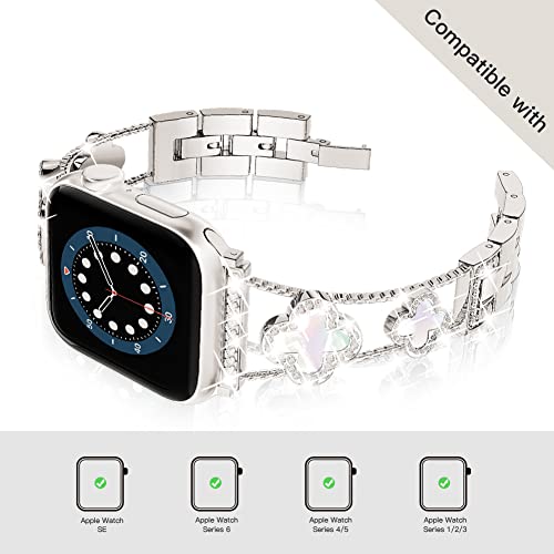 Image of Musk-MSKR Diamond Metal Bands Add Sparkle to Your Watch For Apple Watch Series 11 /10 /9 /8 /7 /6 /5 /4 /3 /2 /SE /Ultra Clover Simple and Stylish Compatible with 38mm40mm41mm42mm44mm45mm 46mm49mm Women's Wear