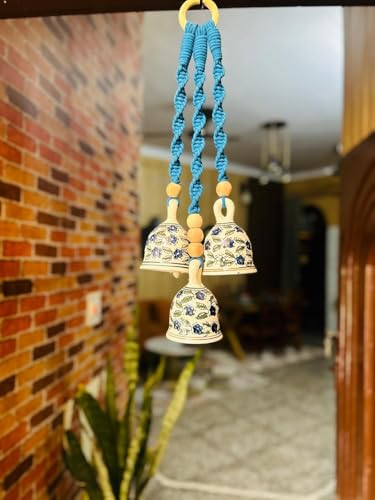 Image of RHD Macrame 3 Ceramic Bells | Handmade Wall Decor & Wind Chime with Hand-Painted Ceramic Hook | 5 Inch Multicolor Bells for Home & Garden Decoration