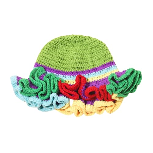 Image of Women Crochet Bucket Hat Cute Winter Ruffled Brim Floppy Cap Handmade Knit Cloche Hats