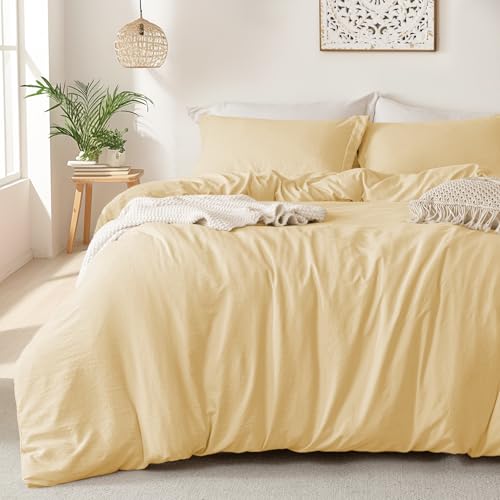 Image of MILDLY Duvet Cover Full Ultra Soft Comforter Cover Set 3pcs, Butter Yellow | Washed Microfiber Cotton-Like, Breathable Comfort, Hidden Zipper, 8 Corner Ties, OEKO-TEX Certified, Fade Resistant