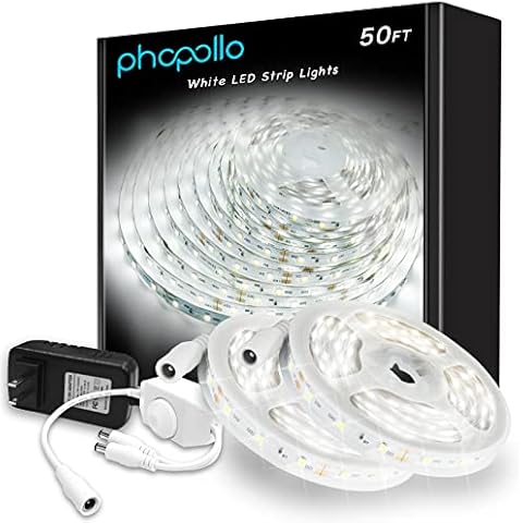 phopollo White LED Strip Lights, 50ft (2 Rolls of 25ft) Dimmable 6500k Daylight White Led Light Strip, 900 LEDs 24V Led Lights for Bedroom, Mirror, Kitchen Decoration Cover