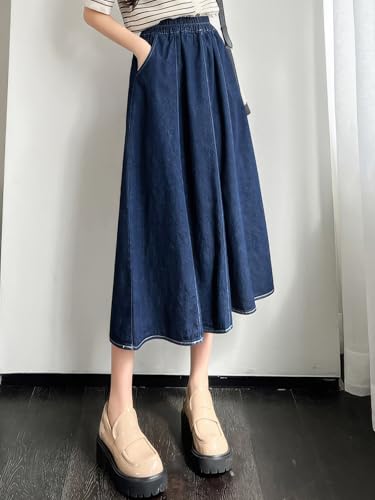 ebossy Womens Long Denim Skirt Casual High Waisted A-Line Flared Midi Jean Skirt with Pockets3
