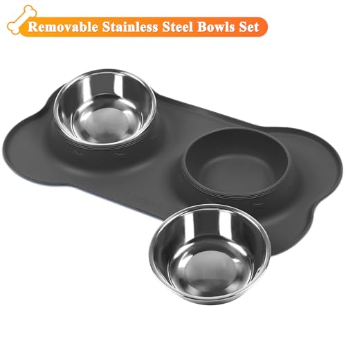 VIVAGLORY Hundenapf Splashfree Fressnapf Hund, Futternapf Hundeschüssel Silikonmatte Unterlage für Camping, Edelstahl Silikon Rutschfester rutschfest, S, Grau