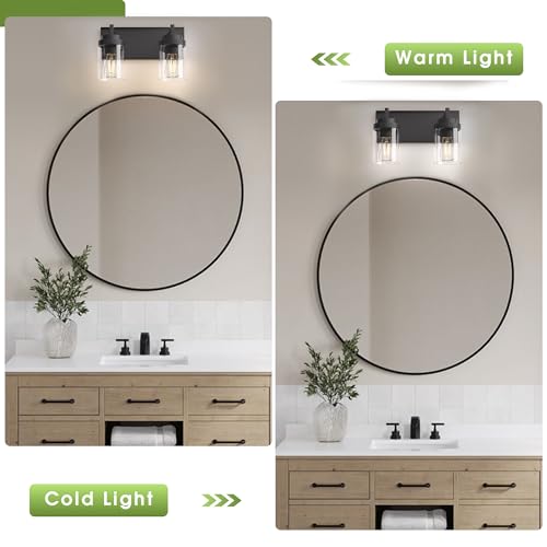 Image of Bathroom Vanity Fixtures, 2 Light Matte Black Vanity Light with Clear Glass Shade, 15in Farmhouse wall Light, Lighting Fixture Over Mirror for Bathroom