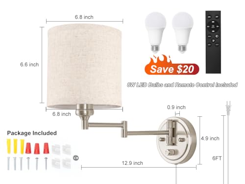 Image of Plug in Wall Sconces with Remote Control, Dimming & Adjustable Colors 2700K-6500K, Hardwire or Plug-in, Swing Arm Wall Lamp with Linen Fabric Shade, Wall Sconces Set of Two, Brushed Nickel Finish