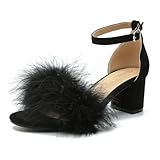 Omthanka Women's Open Toe Feather Heels Ankle Strap Low Block Chunky Heels Sandals Party Dress Pump Shoes Black-40 US8
