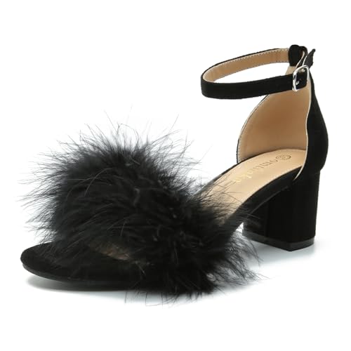 Omthanka Women's Open Toe Feather Heels Ankle Strap Low Block Chunky Heels Sandals Party Dress Pump Shoes Black-40 US8