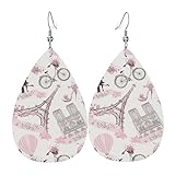 Pendientes Colgantes París Romántico Rosa, Edificio Y Flores Moda Pendientes En Forma De Lágrima Ligero Aretes De Cuero Con Forma Para Vacaciones Fiestas Mujeres