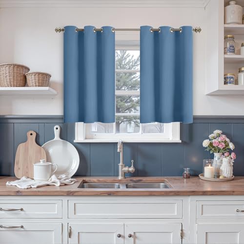 Image of YoungsTex Denim Blue Blackout Curtains 36 Inch Length for Kitchen Window - Short Thermal Insulated Drapes with Grommet Room Darkening for Cafe Bathroom Window, 2 Panels, 42 x 36 Inch
