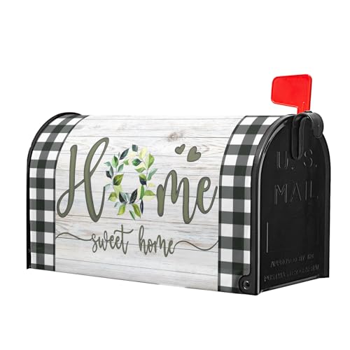 Image of Home Sweet Home Magnetic Mailbox Cover, Spring Leaf Buffalo Plaids Decorative Waterproof Mailbox Wrap Letter Post Cover for Garden Yard Outdoor Outside, 21x18in Standard Size