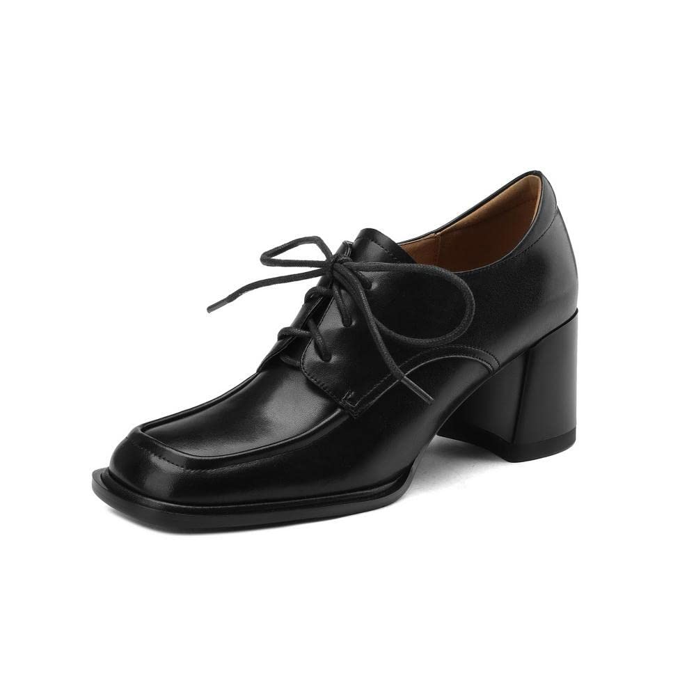 TinaCus Handmade Women's Genuine Leather Square Toe Mid Block Heel Oxford Shoes