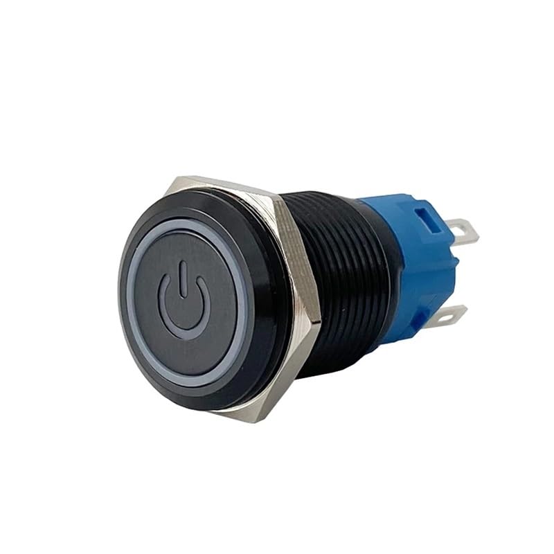 19mm LED Light Anodize Oxide Black Momentary Latching Car Engine PC Power 3-380V DIY Metal Push Button Switch(19mm Black Power,Green LED_MOMENTARY Reset_220V)