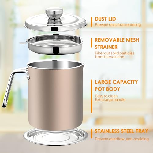 Image of Chihee Grease Container Stainless Steel 2L / 67.6 fl oz Fine Mesh Strainer | Easy to Clean Large Spout Bacon Grease Saver Cooking Oil Keeper Stoarge Can with Dust-proof Lid Non-slip Tray Kitchen Frying