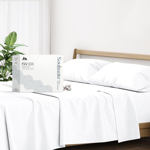 Mayfair Linen 500 Thread Count Cotton Sheet White Full Sheets Set, 4-Piece Long-Staple Combed Pure Cotton Best Sheets for Bed, Breathable, Soft Silky Sateen Weave Fits Mattress Upto 18'' Deep Pocket