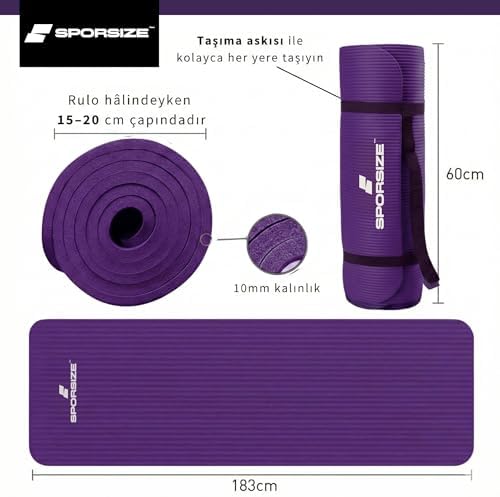 Sporsize Pilates & Yoga Matı 10 mm Kalınlık – Kaymaz NBR Köpük, Ekstra Konforlu Minder, Taşıma Askısı Dahil – 183×61 cm Mor - Görsel 4