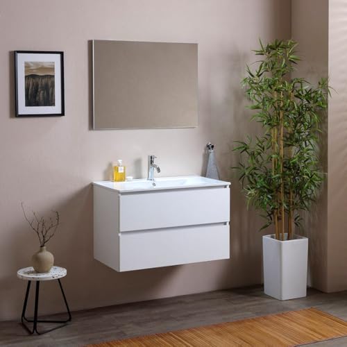 Kiamami Valentina - Mobile Bagno Sospeso 80 cm | Lavabo in Ceramica | Due Cassetti Ammortizzati |...