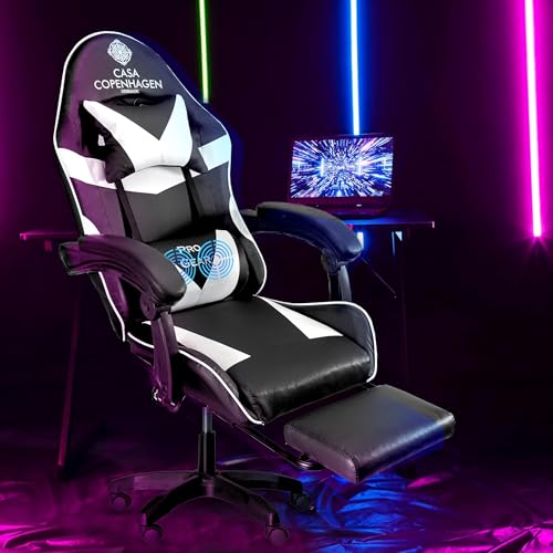 Image of Casa Copenhagen Designed in Denmark,High-Back Italian Leather Gaming Ergonomic Chair with Advanced Mechanism & Electric Back Massager, Memory Foam Seating & Multi Function Arm-Rest - White & Black