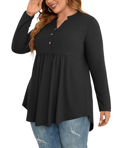PLOKNRD Women's Plus Size Tops Long Sleeve Henley V Neck Button Up Flowy T Shirts Tunic Loose Blouses3