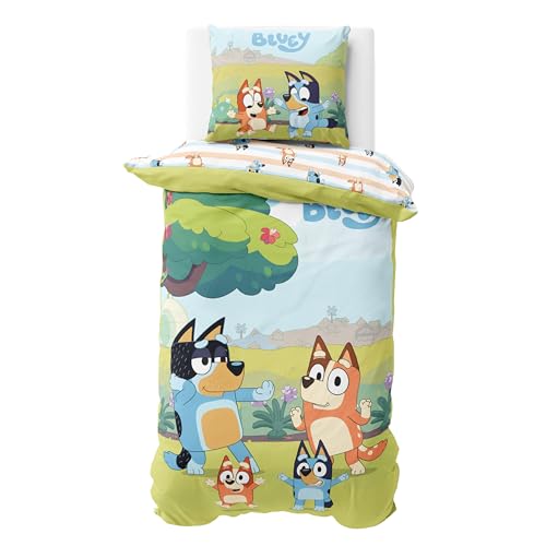 MTOnlinehandel Bluey Bettwäsche 135x200 Baumwolle für Mädchen und Jungen Kinderbettwäsche 1x Kissenbezug 80x80 + Bettbezug 135x200 Bingo & Bluey Geschenk
