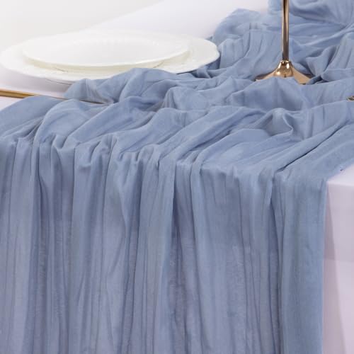 Image of Socomi Dusty Blue Summer Cheesecloth Table Runner Boho Rustic Gauze 120 inch 10FT Cheese Cloth Sheer Runner for Wedding Party Baby Shower Birthday Home Decor Holiday Decorations