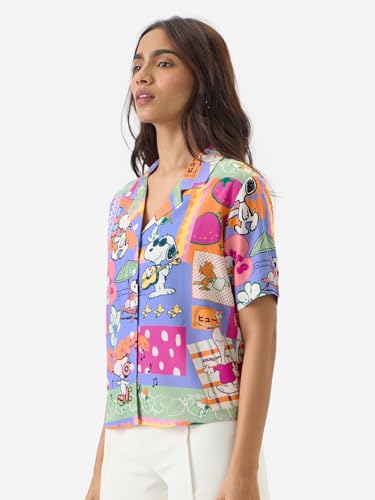 Image of The Souled Store Official Peanuts: Carefree Women and Girls Short Sleeve Collared Neck Button Front Regular Fit Rayon Summer Shirts