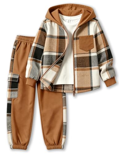 Image of Toddler Boy Clothes Plaid Hooded Shirt White T-shirt Top and Solid Color Pants 3Pcs Winter Boys Clothes