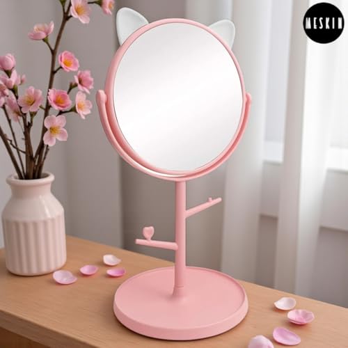 Image of MESKIN Cute Cat Ear Vanity Makeup Mirror with Storage Tray and Jewelry Holder Stand, 360 Desktop Swivel Dressing Table Mirror for Girls, Teens, Dorm Room, Bathroom Mirror (Pack of 1, Pink)