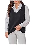 OYOANGLE Women's Sweater Vest V Neck Chest Pocket Side Slit Sleeveless Sweater Tops Black Large