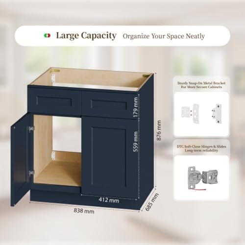 Mueble para baño base de lavabo de madera sólida pintado azul marino 33"W x 24"D x 34.5"H RTA listo para armar con doble puerta miniatura 6