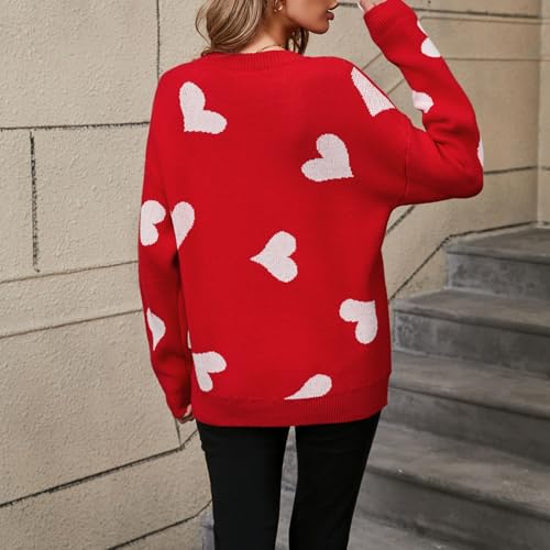 Image of Women Y2k Valentines Oversized Knit Sweater Heart Print Long Sleeve Crew Neck Loose Pullover Tops Streetwear
