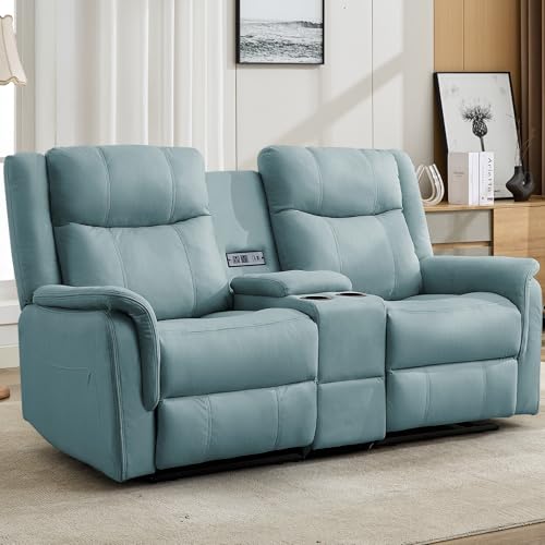 Korser Loveseat Recliner Sofa, Reclining Loveseat Couch with Manual Pull Tab, Reclining Couch with Console, USB Port, US Outlets, and Cup Holders, 2-Seater Performance Fabric Sofa for Living Room, RVs